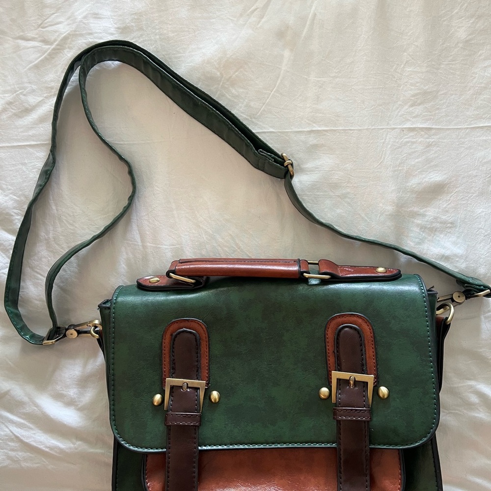 Ecosusi Vintage Faux Leather Satchel Crossbody Bag – Green & Brown